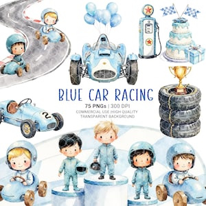 May include: Watercolor illustration featuring blue race cars, drivers, and racing-themed elements. Includes a vintage gas pump, a tiered cake, and a trophy. The text "BLUE CAR RACING" is displayed.