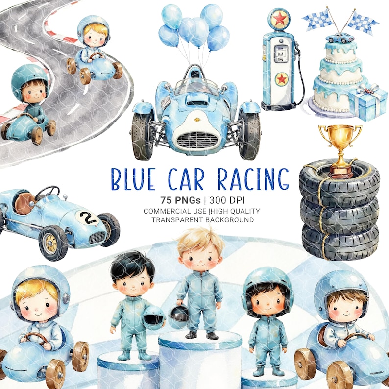 May include: Watercolor illustration featuring blue race cars, drivers, and racing-themed elements. Includes a vintage gas pump, a tiered cake, and a trophy. The text "BLUE CAR RACING" is displayed.