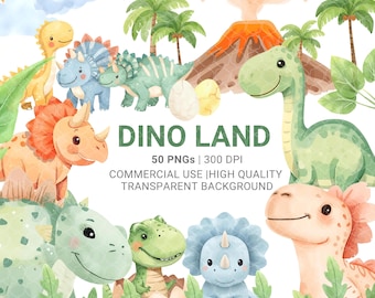 Watercolor Dinosaur Clipart PNG | Baby Dino Nursery Art (Digital Download)