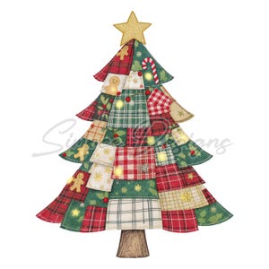 May include: A festive Christmas tree decoration with a patchwork design. The tree is made from red, green, and white patterned fabrics, decorated with gingerbread men, candy canes, and a gold star. It has a wooden base and small lights.