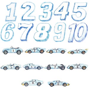 May include: Watercolor illustration featuring the numbers 1 through 10 in a blue and white icy design. Below the numbers are ten light blue vintage race cars, each with a different number on the side. The cars are in various styles, including a convertible and a formula race car.