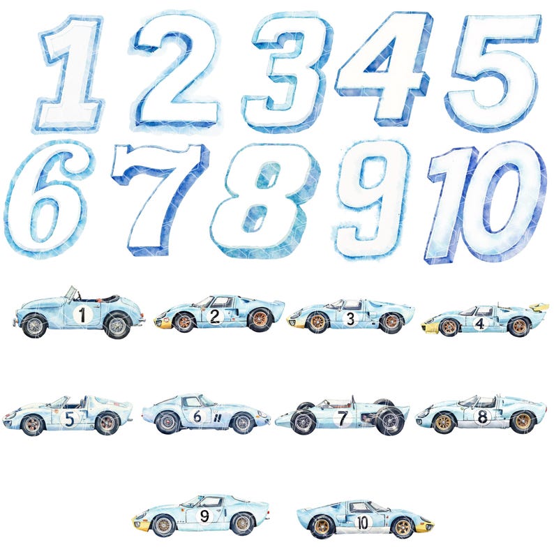 May include: Watercolor illustration featuring the numbers 1 through 10 in a blue and white icy design. Below the numbers are ten light blue vintage race cars, each with a different number on the side. The cars are in various styles, including a convertible and a formula race car.