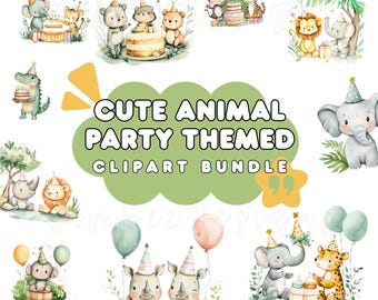 Cute Animal Party Themed Clipart Bundle - 30 Adorable Watercolor Animal Illustrations with Balloons, Cakes & Gifts PNG SVG Set Clipart