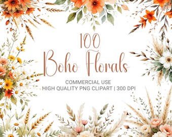 100 Watercolor Boho Floral Clipart: Rustic PNG Bundle (Commercial Use)