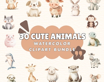 Watercolor Cute Animals Clipart Bundle Printable Sublimation Editable SVG Animal | PNG Baby Shower Download Zoo Clipart Nursery images Gift