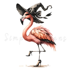 May include: A quirky illustration of a flamingo adorned with a black witch's hat and high heels. The flamingo is depicted in shades of pink, orange, and black. The image includes the text "Simple Designs" in the background.