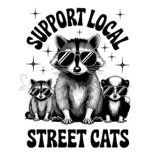 Apoya a tus gatos callejeros locales (Png), Mapache gracioso (Png), Mapache vintage (Png), Panda basura (Png), Zorrillo (Png), Diseño digital de sublimación