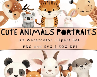 Watercolor Cute Animals Clipart Bundle Printable Sublimation Editable SVG Animal Animal PNG Baby Shower Download Zoo Clipart Nursery Gift