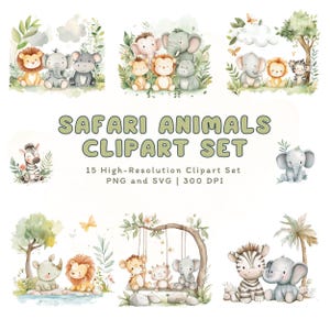 Lot de 30 cliparts animaux de safari mignons - animaux de la jungle aquarelle doux, illustrations de la faune sauvage ensemble PNG, téléchargement numérique SVG