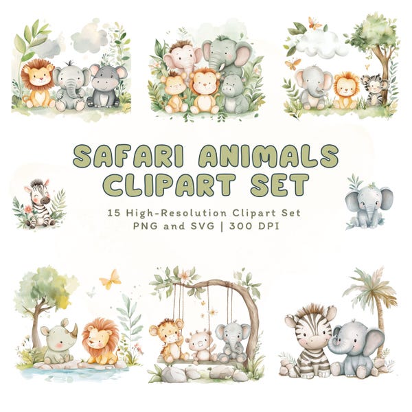 Aquarell Safari Tier Cliparts: Dschungel Wildtiere PNG Set (Digitaler Download, SVG-Datei)