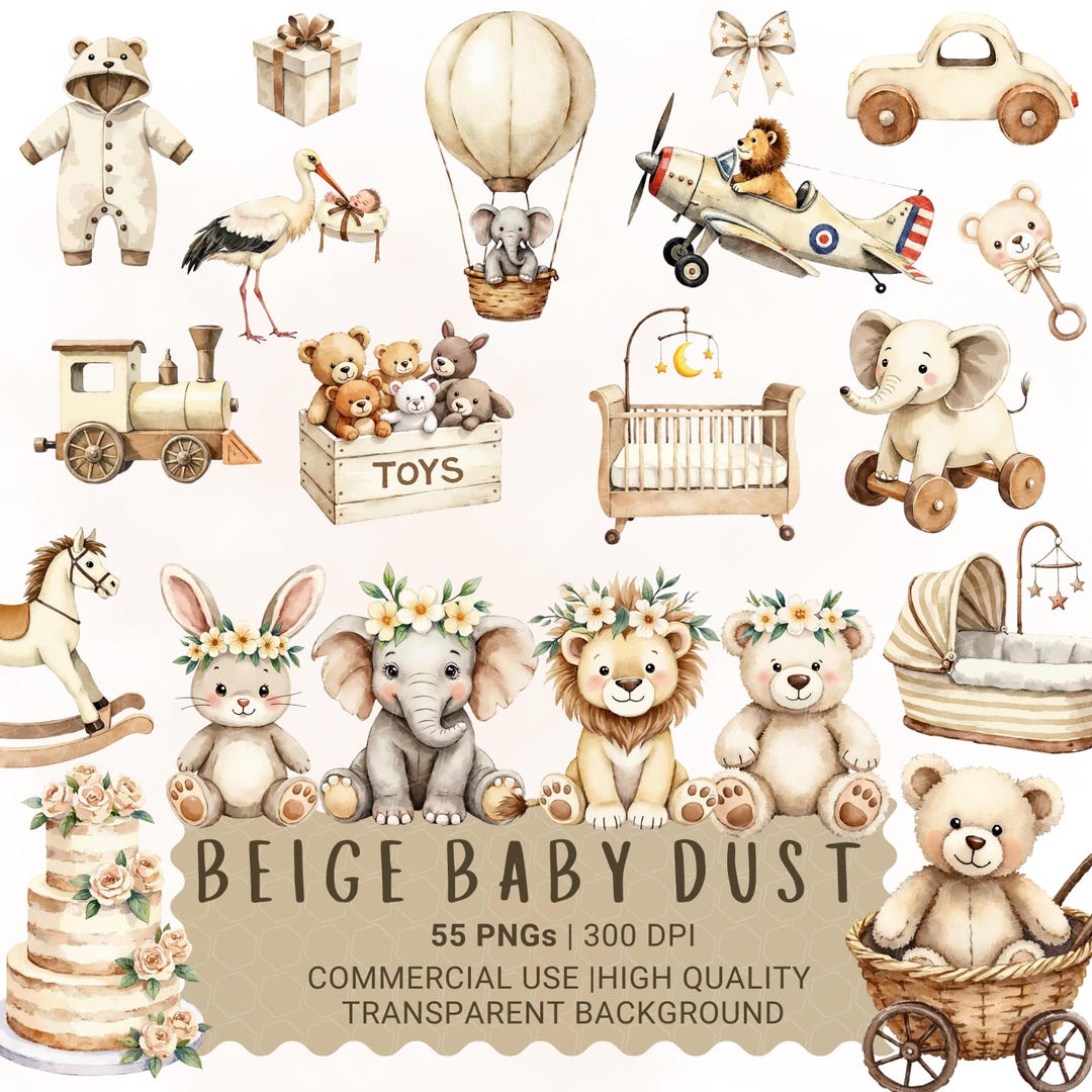 Watercolor Neutral Baby Shower Clipart PNG | Beige Baby Animals ...