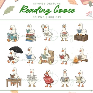 Puede incluir: Ilustraciones de gansos blancos leyendo libros, periódicos y pergaminos. Los gansos están en diferentes situaciones, con el texto "Reading Goose" en verde en la parte superior.
