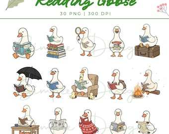 Reading Goose Clipart – Cute Animal PNGs for Teachers (Digital Download)