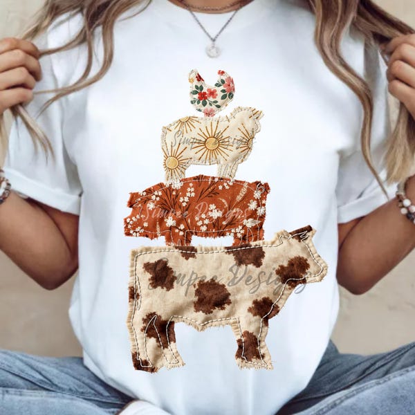 Boho Farm Animal Stack Shirt, Cow Pig Chicken Faux Patchwork Graphic Tee