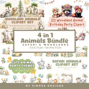 4 in 1 | Safari + Woodland Animals Clipart Pack | Wildlife Boho Nursery Art | SVG and PNG Files for Stickers, Sublimation, Printables