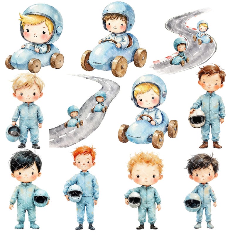 May include: Watercolor illustrations of cartoon children in blue race cars and racing suits. The image includes children in race cars, on a race track, and holding helmets. The overall theme is racing and childhood.