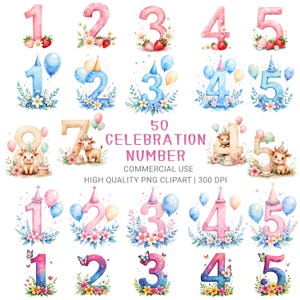 Könnte beinhalten: Aquarell-Illustrationen der Zahlen 1 bis 5, verziert mit Blumen, Erdbeeren, Luftballons und Partyhüten. Das Bild enthält auch den Text "50 CELEBRATION NUMBER".