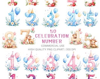 May include: Watercolor illustrations of numbers 1 through 5 in various styles. Some numbers are decorated with flowers and strawberries, others with balloons and party hats. The image also includes the text "50 CELEBRATION NUMBER".