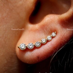 Ear Climber Moissanite Earring Round Cut Moissanite Stud Earring 0.70 Ctw Six Stone Diamond Earring 14k Yellow Gold Bridle Earring For Woman