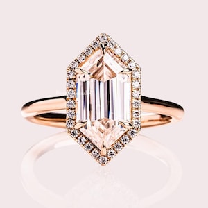 2.50 Ctw Hexagon Cut Moissanite Ring Halo Wedding Ring Hexagon Shape Engagement Ring 14k Yellow Gold Solitaire Diamond Wedding Ring Woman