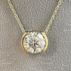 2.00 Ct Round Moissanite Necklace Half Bezel Set Moissanite Necklace East West Diamond Necklace 14k Yellow Gold Anniversary Gift For Woman
