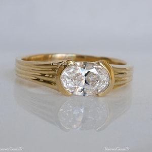 Oval Moissanite Ring East West Moissanite Engagement Ring 1.50 Ct Bezel Set Moissanite Ring Solitaire Wedding Ring Thick Band Diamond Ring