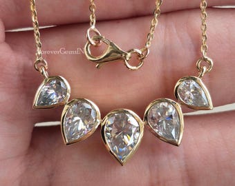 Pear Moissanite Necklace Bezel Set Moissanite Necklace 2.50 Ctw Five Stone Bridle Necklace For Woman 14k Yellow Gold Diamond Necklace Gift
