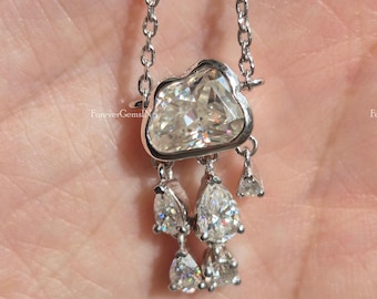 Rain & Cloud Shape Moissanite Necklace Bezel Set Moissanite East West Necklace 2.50 Ctw Cluster Diamond Necklace White Gold Chain Necklace