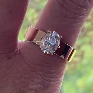 Oval Moissanite Ring Yellow Gold Cigar Band Engagement Ring 1.50 Ct Oval Cut Moissanite Wedding Ring Solitaire Thick Band Diamond Ring Gift
