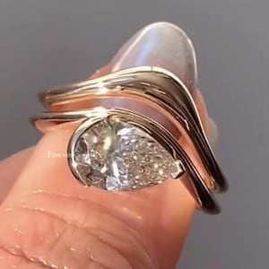 East West Pear Moissanite Ring Set Solitaire Bezel Set Wedding Ring Set 1.50 Ct Pear Cut Engagement Ring 14k Yellow Gold Diamond Ring Set