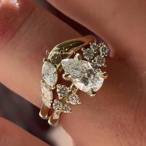 Pear Moissanite Ring Set Cluster Unique Moissanite Wedding Ring Set 2.00 Ctw Pear Cut Moissanite Engagement Ring Diamond Ring Set For Woman