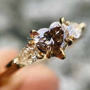 Heart Shape Brown Moissanite Ring Heart Cut Moissanite Ring 2.00 Ctw Three Stone Engagement Ring Yellow Gold Brown Champagne Diamond Ring