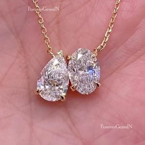 Two Stone Moissanite Necklace 3.00 Ctw Pear & Oval Cut Moissanite Necklace Toi Et Moi Diamond Necklace 14k Yellow Gold Wedding Gift Woman