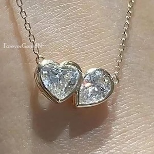 Two Stone Moissanite Necklace Bezel Set Moissanite Necklace 2.50 Ctw Pear & Heart Shape Toi Et Moi Necklace 14k Yellow Gold Diamond Necklace