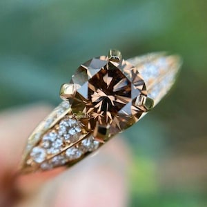 Brown Moissanite Ring 1.70 Ctw Round Cut Champagne Diamond Ring Champagne Moissanite Ring 14k Yellow Gold Engagement Ring Wedding Ring Gift
