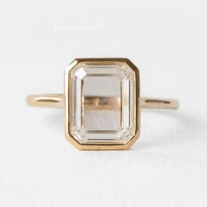 Emerald Portrait Cut Moissanite Ring 2.00 Ct Solitaire Portrait Cut Engagement Ring Bezel Set Portrait Cut Ring 14k Yellow Gold Diamond Ring