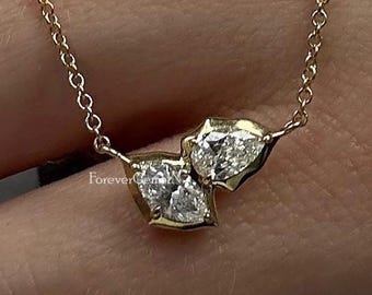 Two Stone Moissanite Necklace 2.00 Ctw Pear & Marquise Cut Toi Et Moi Necklace Bezel Set Moissanite Necklace 14k Yellow Gold Diamond 18&quot;
