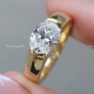 1.50 Ct Oval Moissanite Engagement Ring East West Oval Cut Moissanite Ring Solitaire 14k Yellow Gold Diamond Ring Bezel Set Wedding Ring