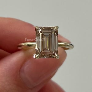 Champagne Moissanite Engagement Ring Solitaire Wedding Ring 2.50 Ct Emerald Cut Moissanite Ring Champagne Diamond Ring Yellow Gold Ring Gift