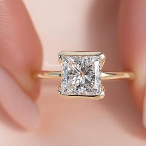 Princess Cut Moissanite Ring Bezel Set Moissanite Ring 2.00 Ct Princess Cut Engagement Ring Yellow Gold Solitaire Diamond Ring Wedding Ring
