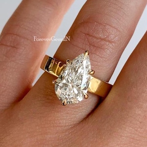 Pear Cut Moissanite Ring Thick Band Engagement Ring 3.00 Ct Pear Moissanite Solitaire Ring Yellow Gold Wedding Ring Diamond Ring For Woman