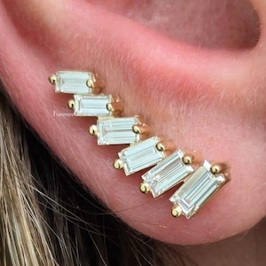 Baguette Cut Moissanite Stud Earring Cluster Moissanite Earring 2.00 Ctw Baguette Moissanite Diamond Stud Earring Ear Climber Women Earring