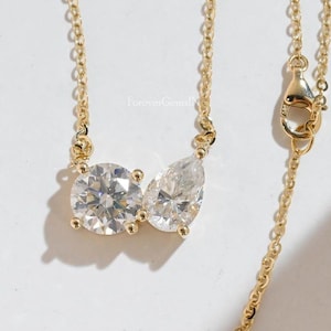 2.00 Ctw Round & Pear Moissanite Necklace Two Stone Woman Necklace Toi Et Moi East West Necklace 14k Yellow Gold Diamond Necklace For Woman