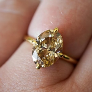 Oval Moissanite Ring 3.00 Ctw Oval Cut Champagne Moissanite Ring Halo Engagement Ring 14k Yellow Gold Wedding Ring Solitaire Diamond Ring