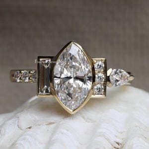 Bezel Set Marquise Cut Moissanite Ring Cluster Unique Engagement Ring 2.50 Ctw Marquise Moissanite Ring 14k Yellow Gold Diamond Ring Woman