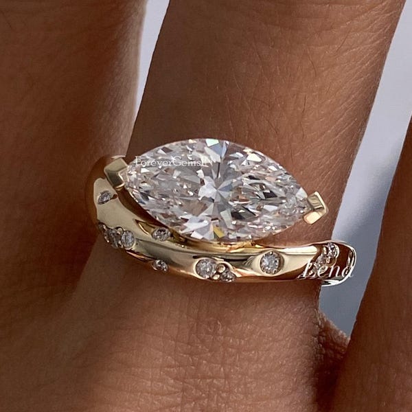 East West Marquise Moissanite Ring Flush Band Engagement Ring 2.00 Ctw Marquise Cut Moissanite Wedding Ring Cluster Diamond Ring For Woman