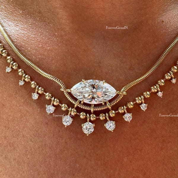 round Moissanite Necklace ball Chain Necklace Woman Round Cut Diamond Necklace Yellow gold plated 18 inch