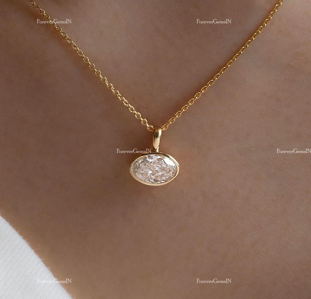 Bezel Set Moissanite Necklace East West Oval Necklace 2.00 Ct Oval Cut Moissanite Necklace Woman 14k Yellow Gold Diamond Necklace 18" Chain