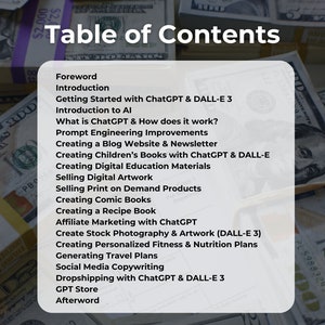 Pu&ograve; includere: Un indice dei contenuti per un libro o un ebook su come utilizzare ChatGPT e DALL-E 3 per guadagnare denaro. Gli argomenti includono la creazione di prodotti digitali, la vendita di prodotti su richiesta e il marketing di affiliazione.
