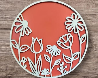 12-Inch Coral Round Sign with White Floral Cutouts – Handmade Wall Decor